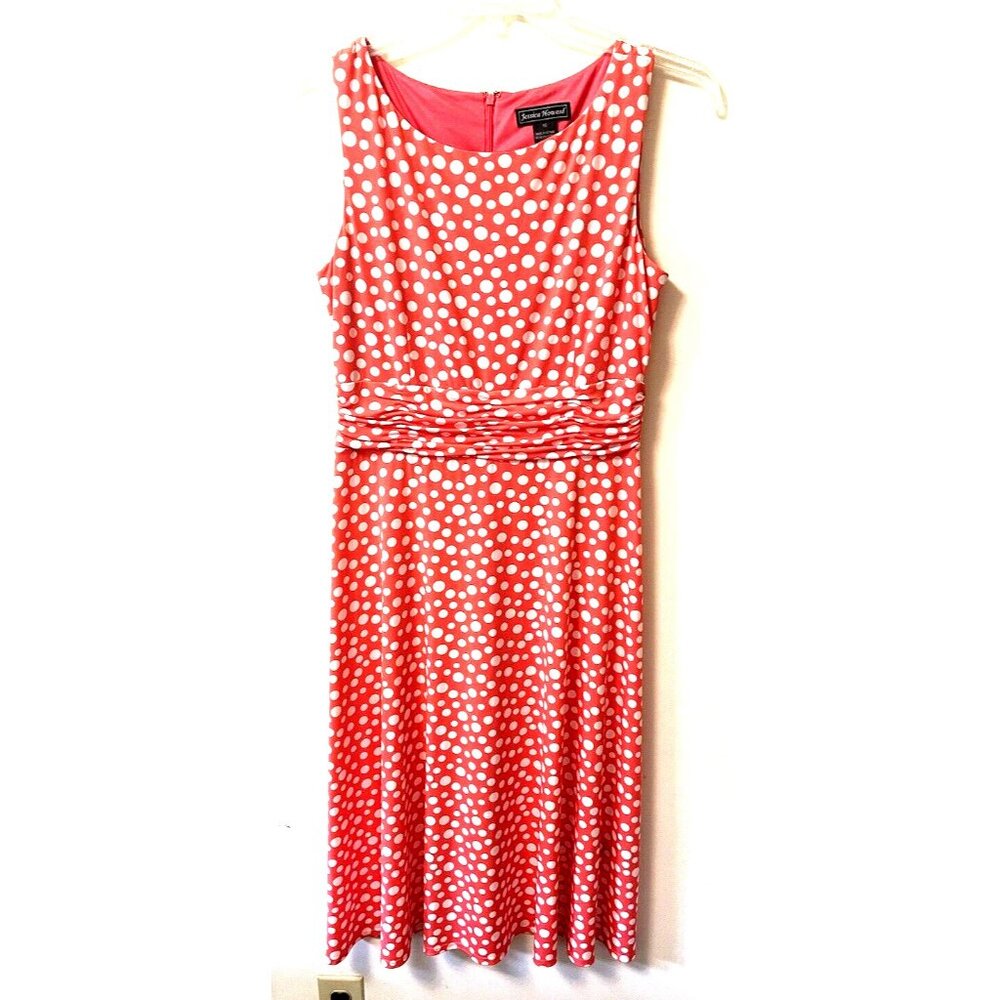 Jessica Howard 10 Orange/Pink White Polka Dot Empire Waist Below Knee Midi Dress